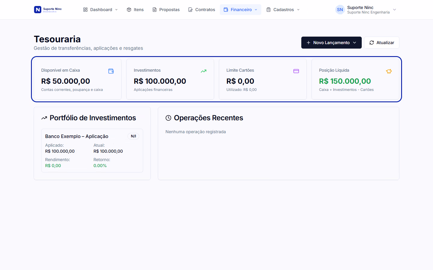 Tesouraria com disponível em caixa, investimentos, limite de cartões e posição líquida