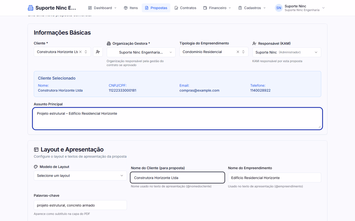 Etapa de informações básicas da proposta com cliente e assunto principal