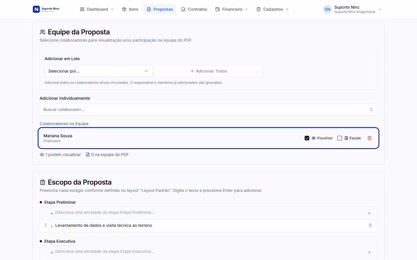 Etapa de equipe e escopo da proposta