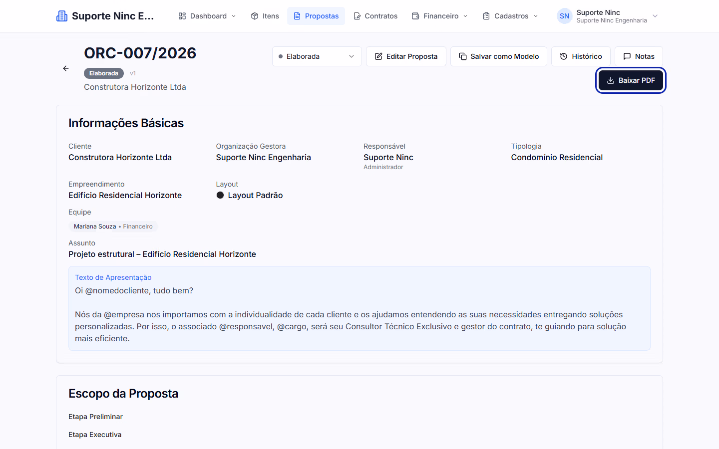 Resumo da proposta ORC-007/2026 no NINC ERP com o botão para baixar o PDF