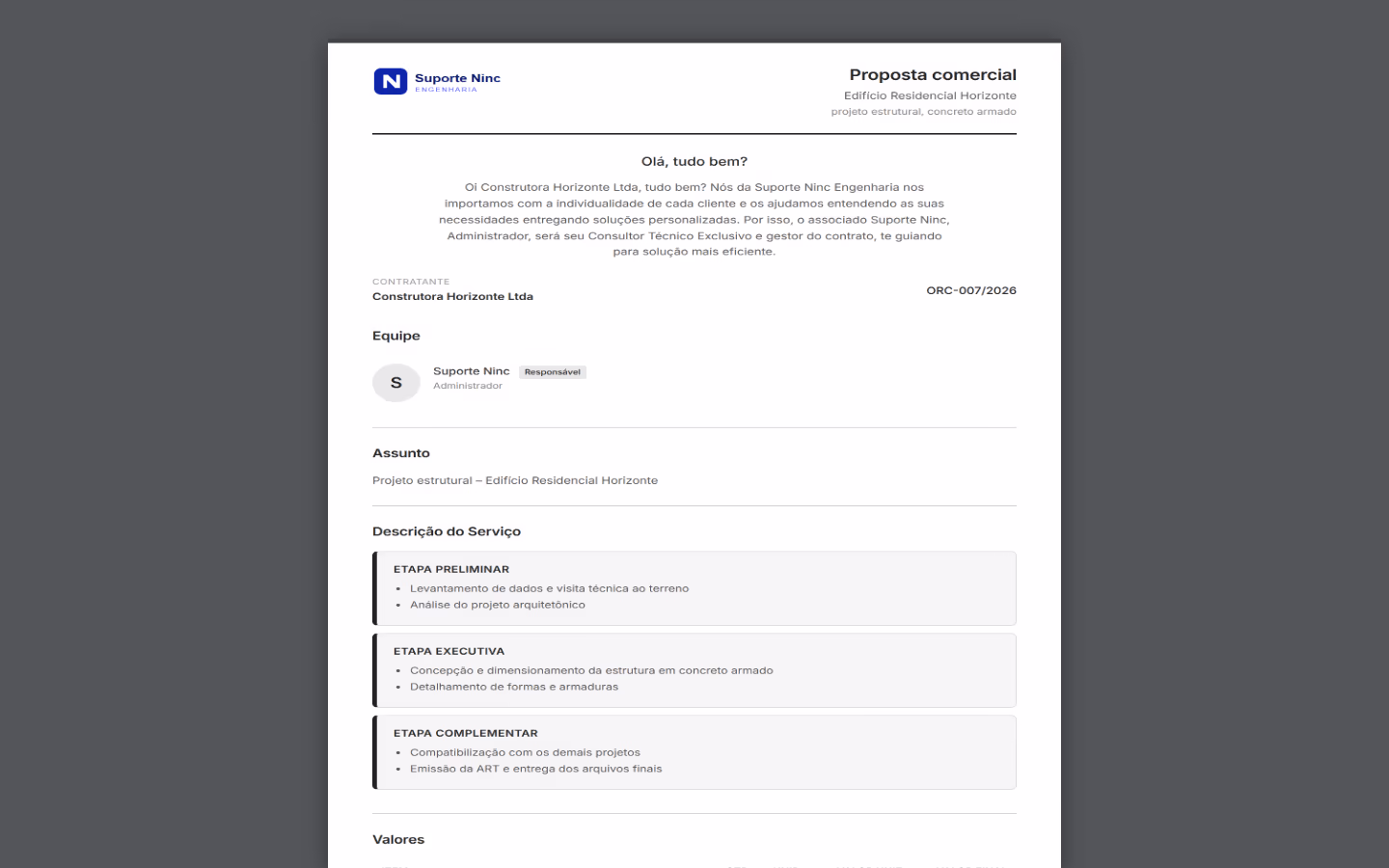 Primeira página do PDF de uma proposta gerada pelo NINC ERP, com o logotipo da empresa, apresentação e equipe