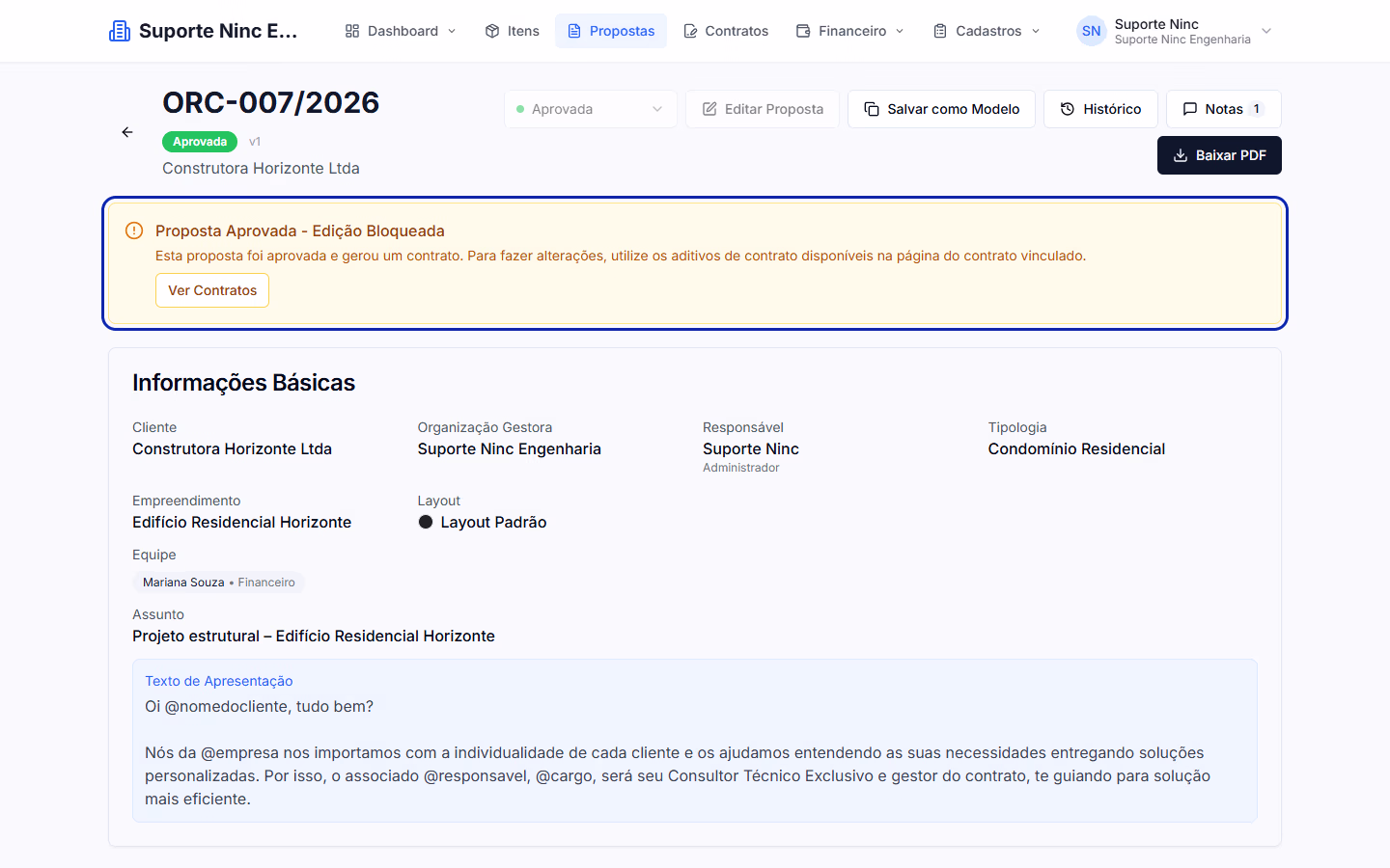 Proposta aprovada com o aviso de edição bloqueada e o botão Ver Contratos